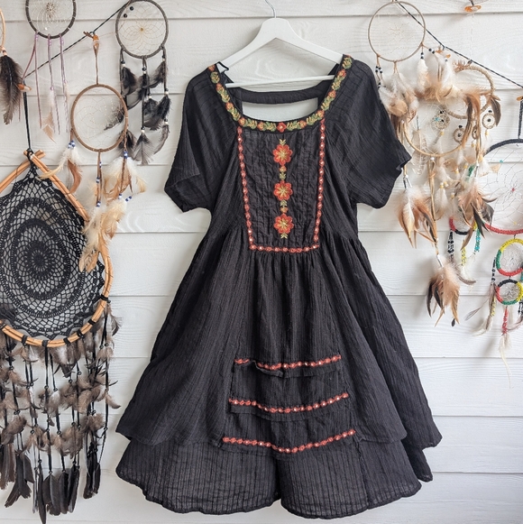 Free People Boho Embroidered Midi Dress Size L Black Harvest Festival Folk - Picture 5 of 10